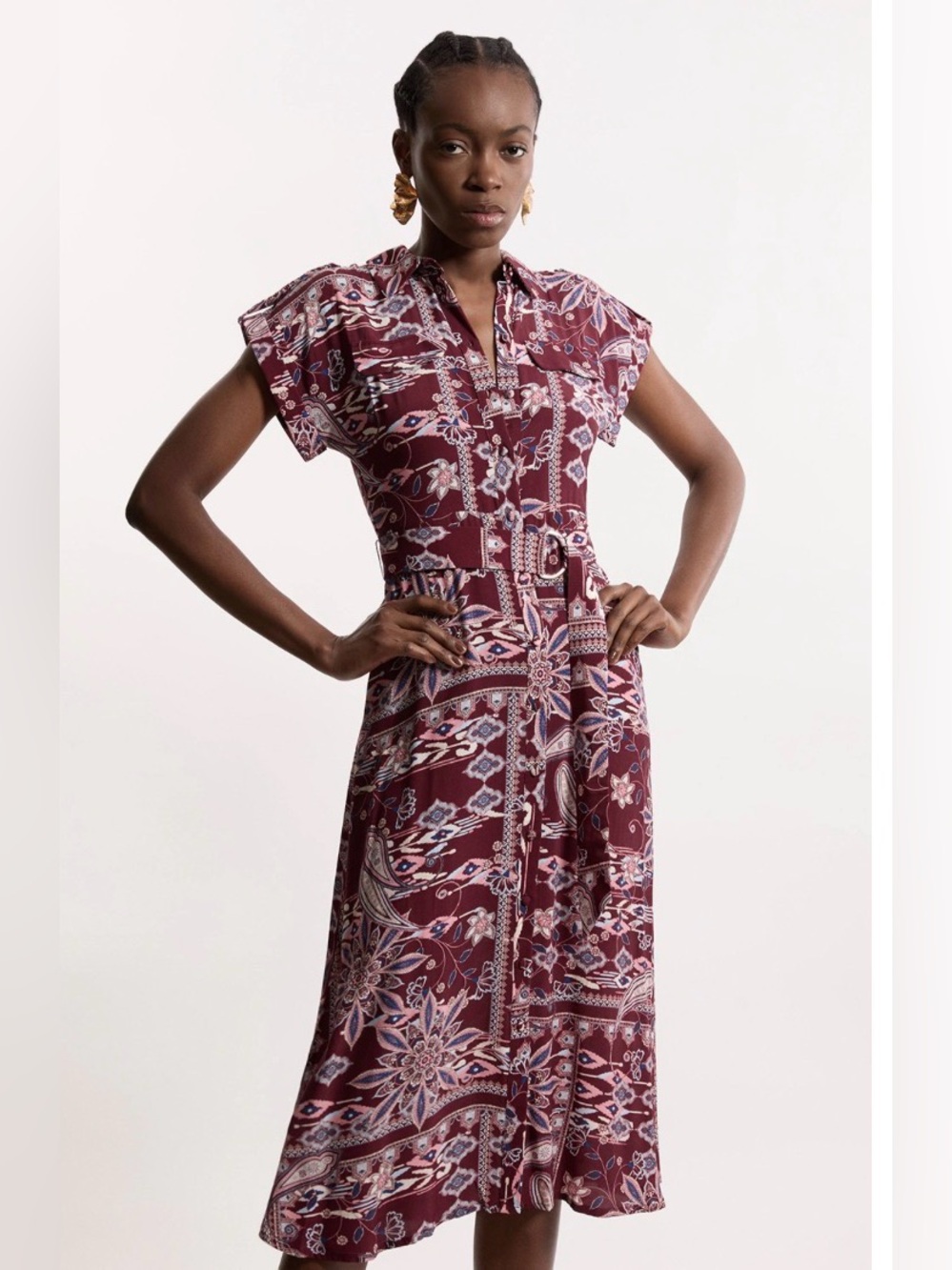 Karen Millen Mixed Print Burgundy Floral Paisley Viscose Crepe Shirt Dress 6